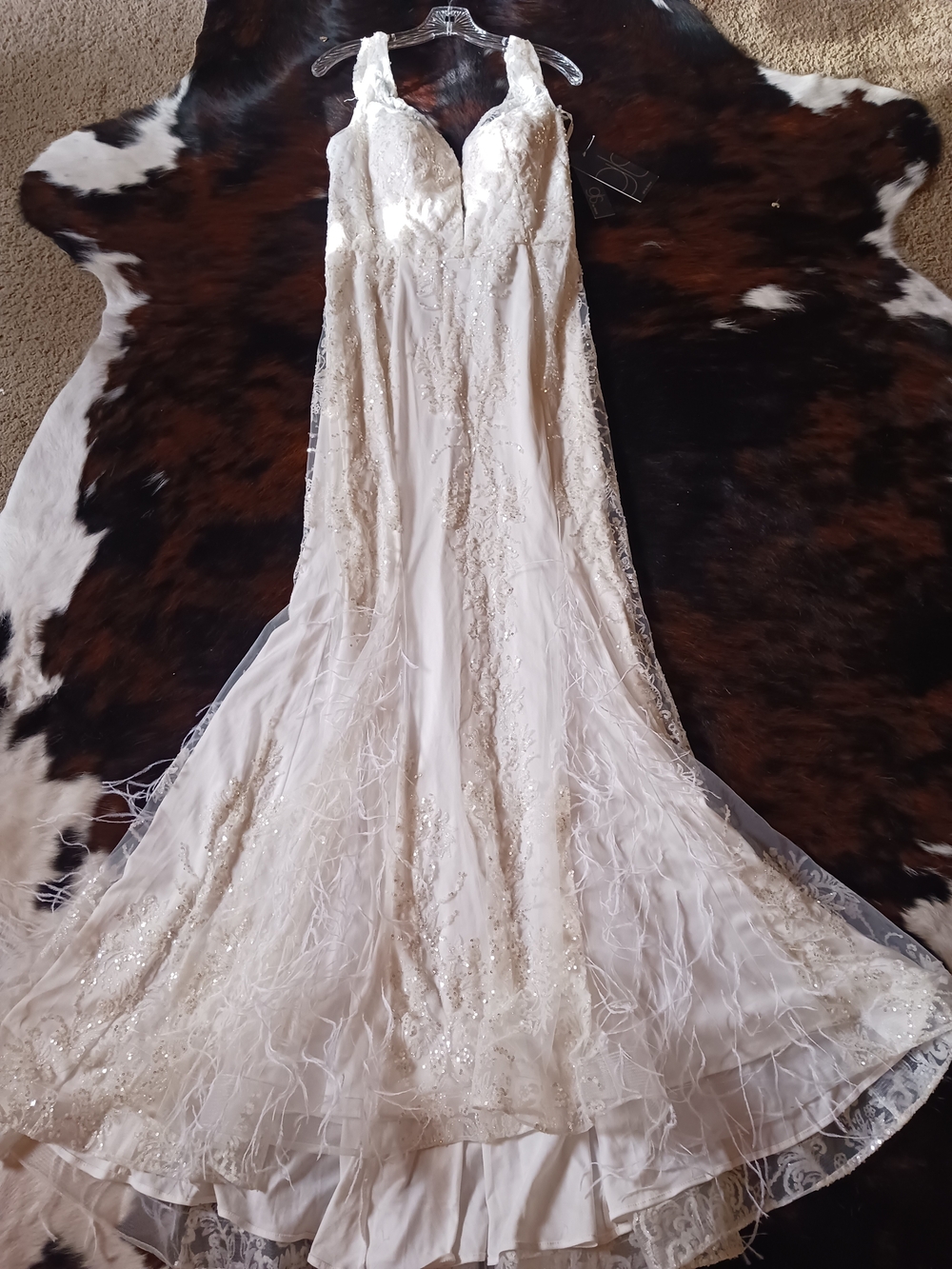 New Wedding Dress Ivory Lace & Beaded Bridal Gown with Feathered Skirt